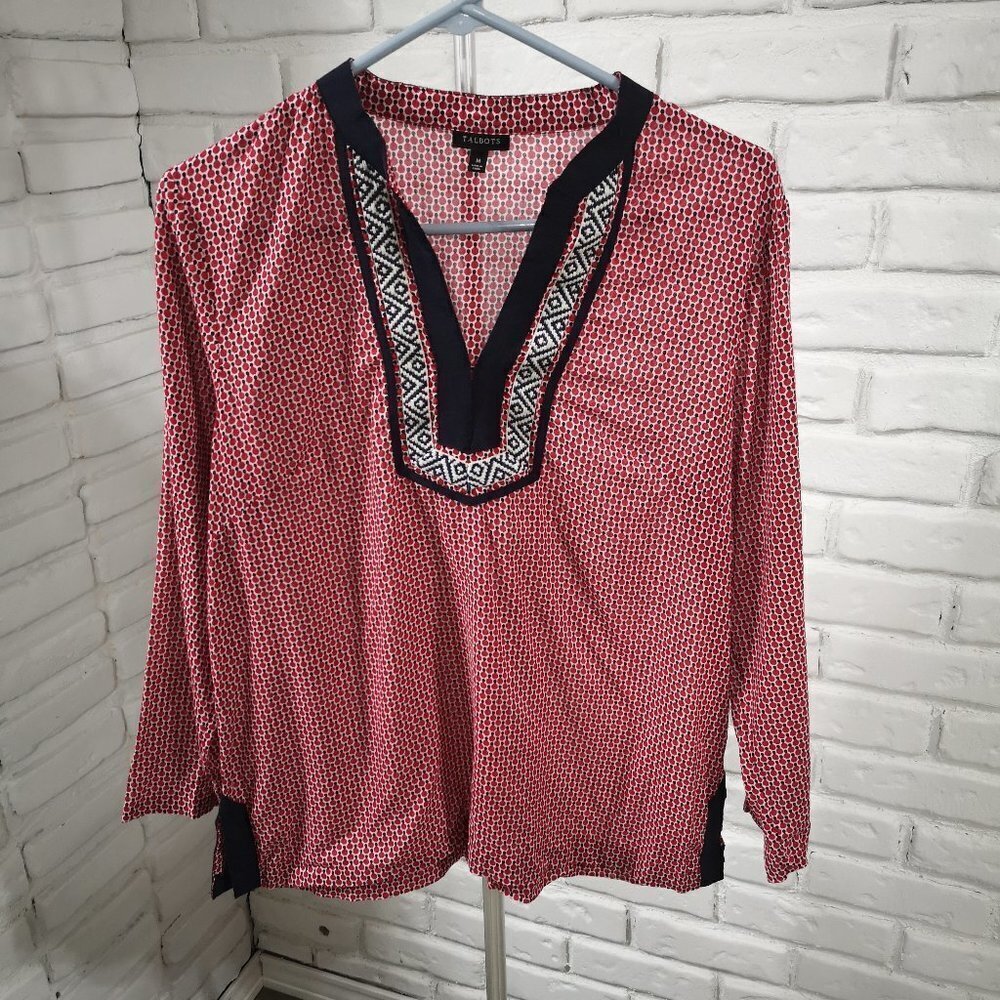 Talbots Ladies V-neck Straight Fit Red & Navy Size Medium Lightweight Blouse